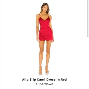 Red satin slip dress